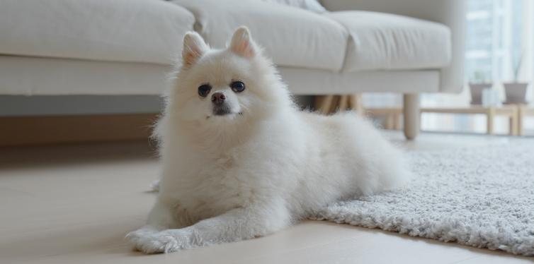 White Pomeranian sitting on rug